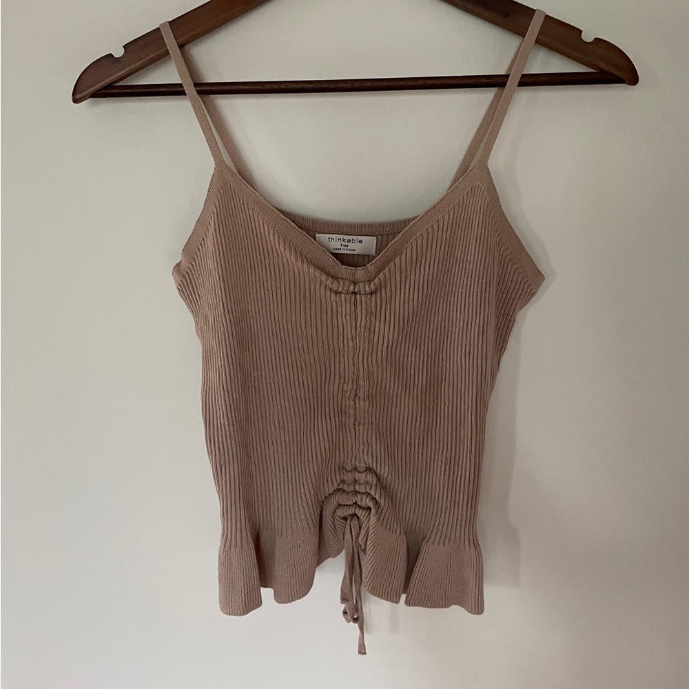 Thinkable Ribbed Knit Tank Top – Adjustable Cinch Front, Ruffle Hem – Size Small